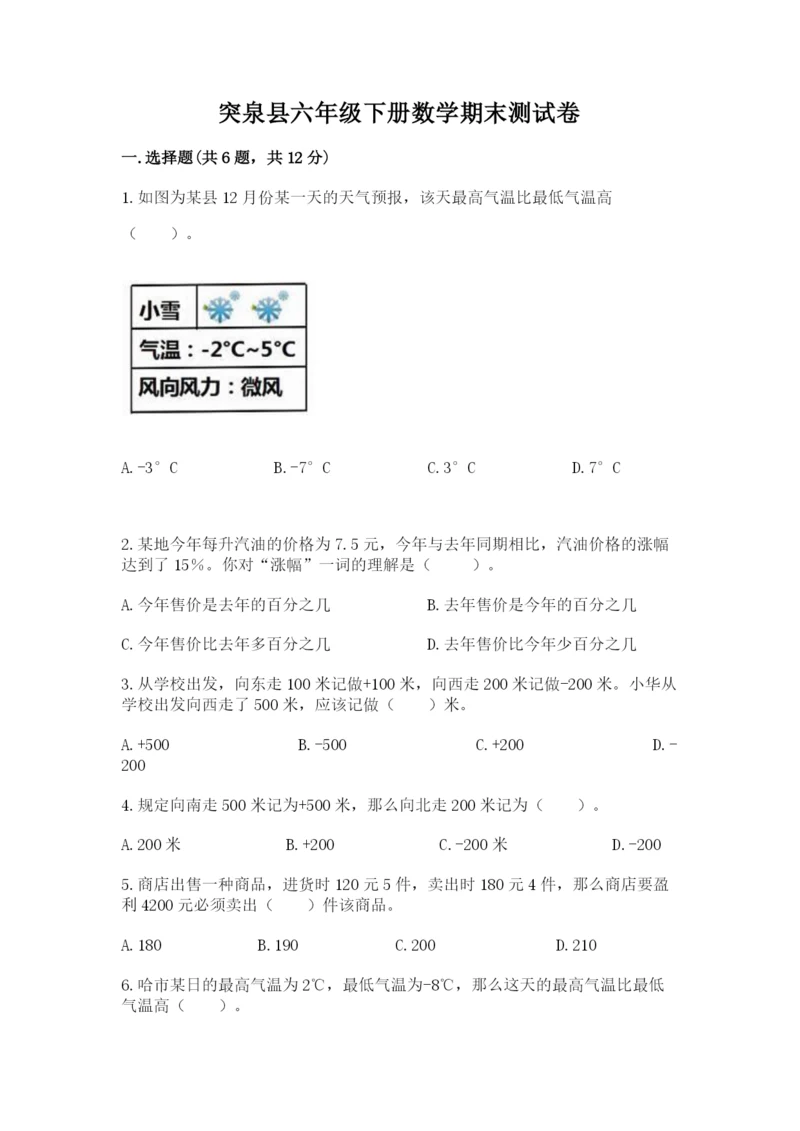 突泉县六年级下册数学期末测试卷（培优）.docx