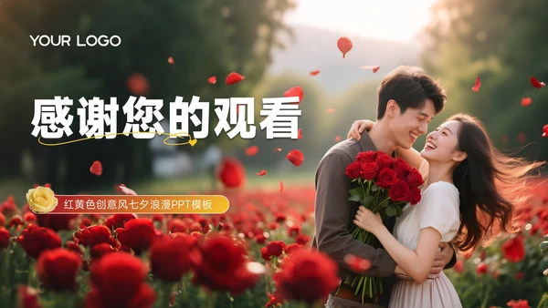 红黄色创意风七夕浪漫玫瑰与星全都给你PPT模板