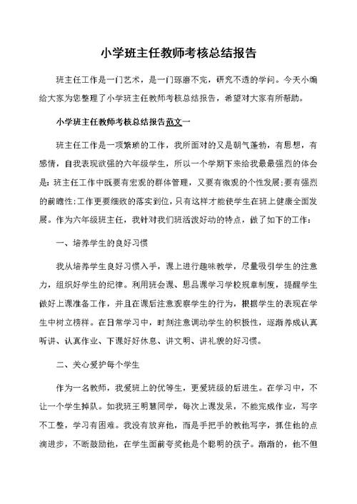 小学班主任教师考核总结报告