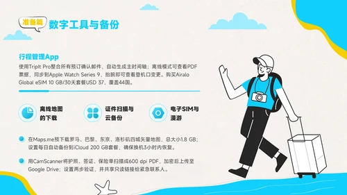 蓝黄色插画风环球旅游攻略PPT模板