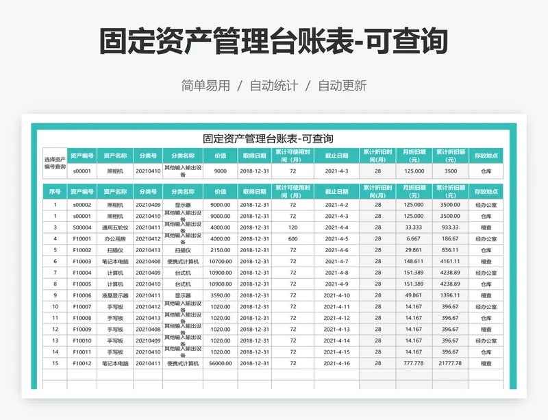 固定资产管理台账表-可查询