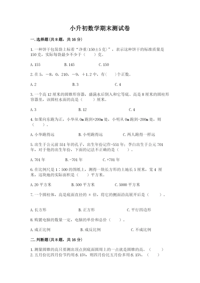 小升初数学期末测试卷及完整答案【名师系列】.docx