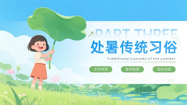 蓝绿色插画处暑节气PPT模板