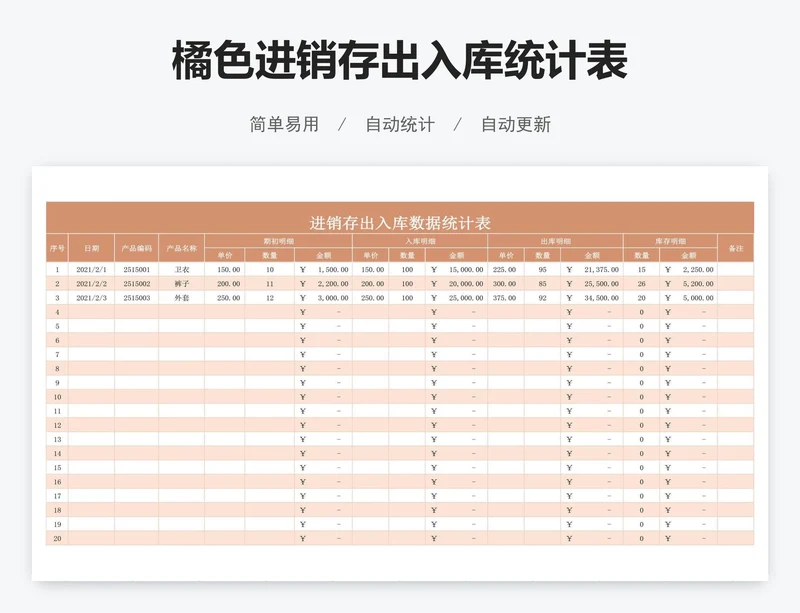 橘色进销存出入库统计表