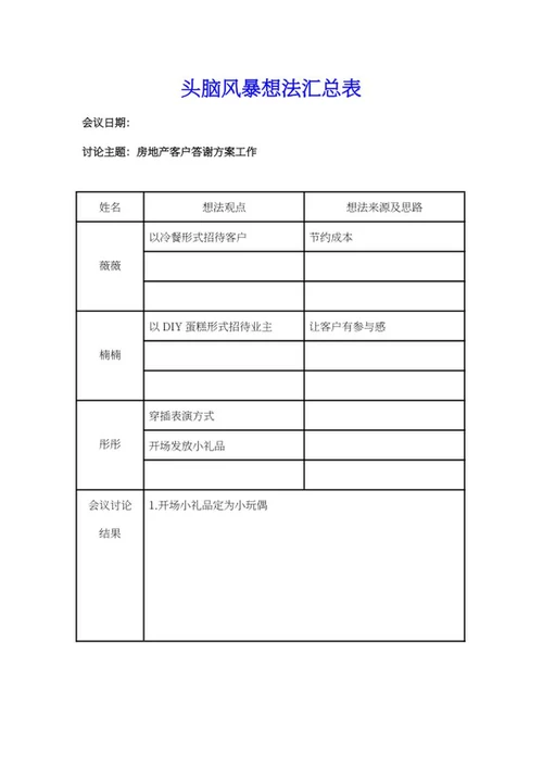 房地产客户答谢头脑风暴表word模板