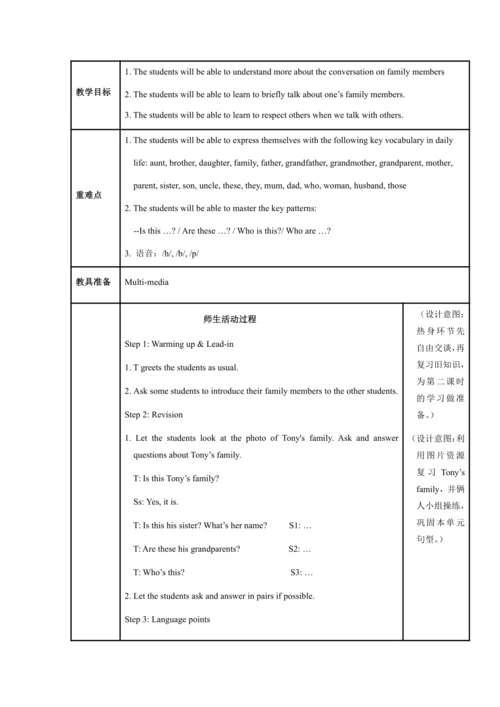 Module 2 My family 模块表格式教案（5课时）