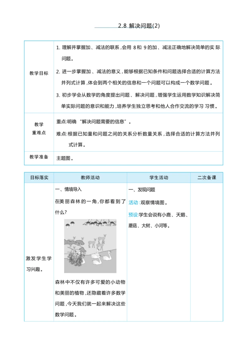 2.8 解决问题(2) 大单元整体教学设计(表格式）人教版（2024）数学一年级上册