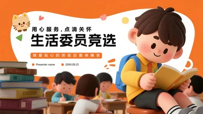 橙色3D卡通风班级班干部竞选生活委员竞选PPT模板