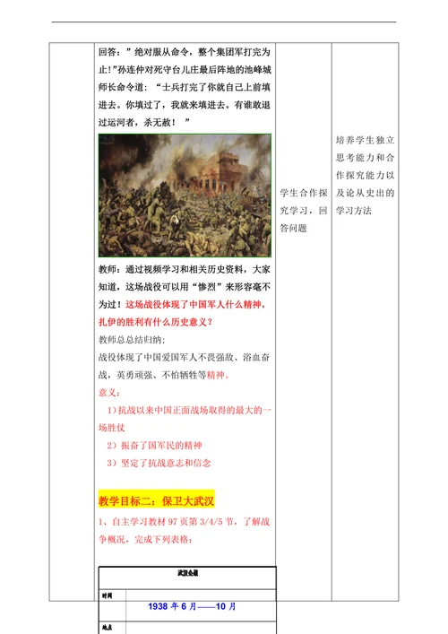 初中历史人教部编版八年级上册《第20课正面战场的抗战》教材教案