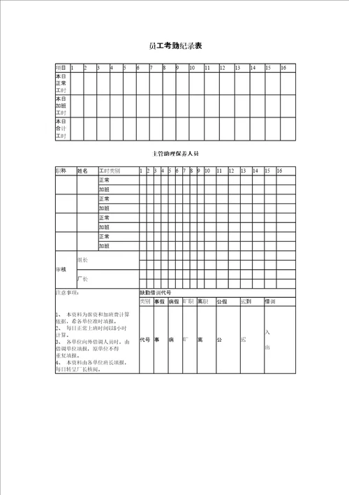 员工考勤纪录表表格格式