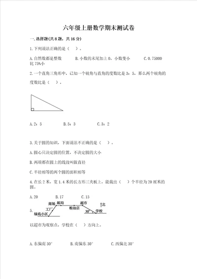 六年级上册数学期末测试卷附参考答案达标题