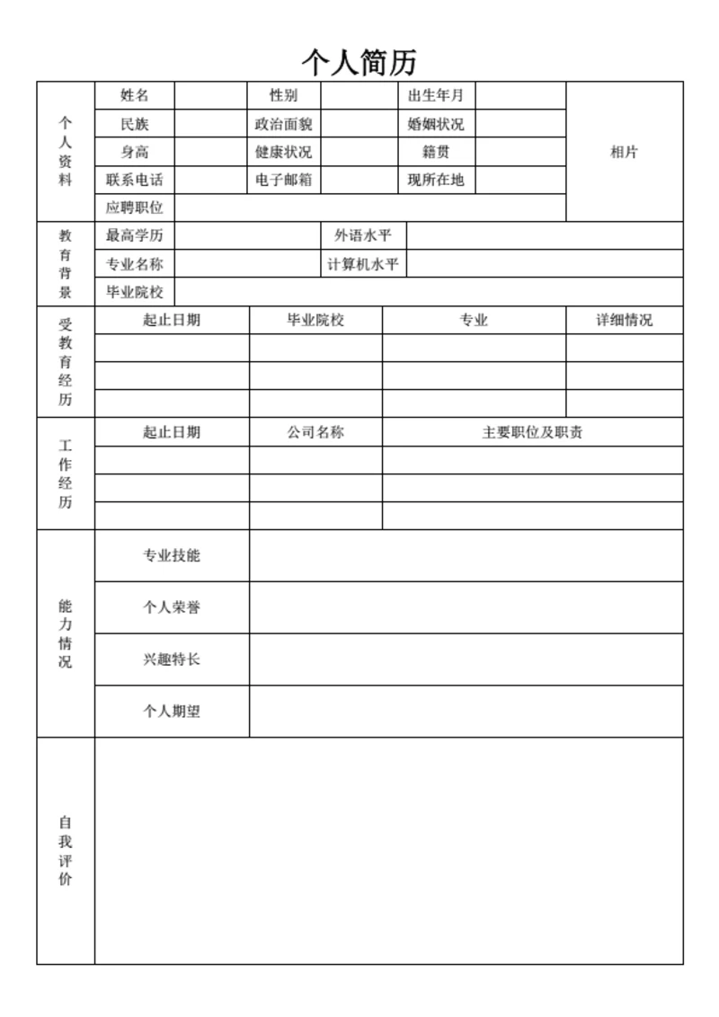 旅游行业表格简历模板
