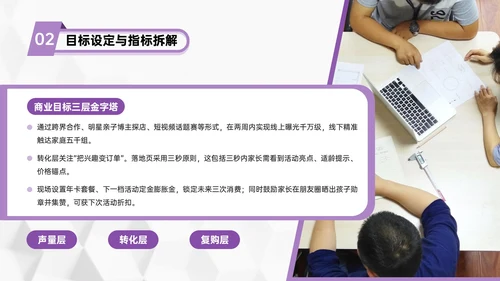 紫色几何风亲子活动营销策划团队协作与目标设定PPT模板