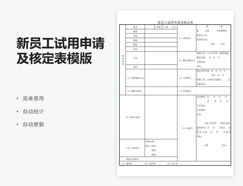 新员工试用申请及核定表模版