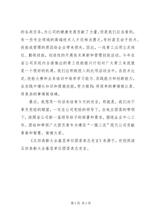 五四表彰大会基层单位团委表态讲话.docx