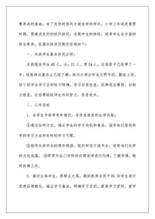 小学班主任工作计划方案