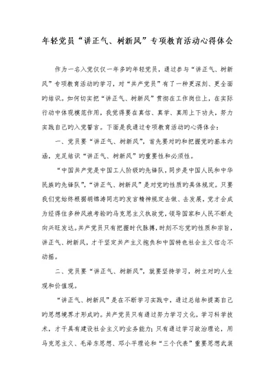 2022年年轻党员“讲正气、树新风”专题教育活动心得体会