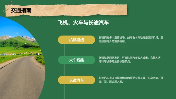 绿色摄影风新疆西域风情旅行攻略PPT模板