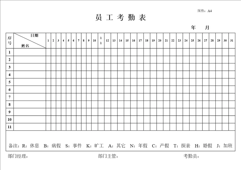 某酒店客服部员工考勤表