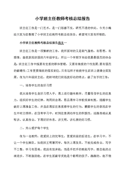 小学班主任教师考核总结报告