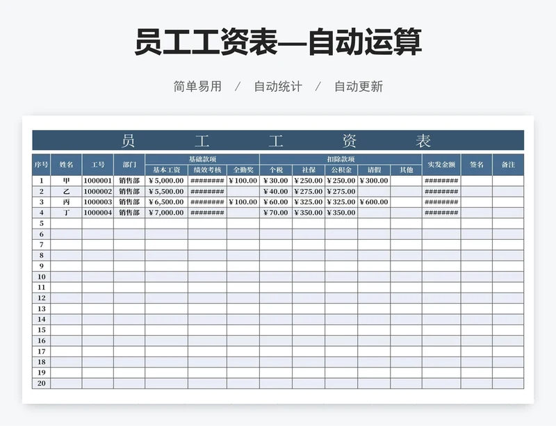 员工工资表—自动运算