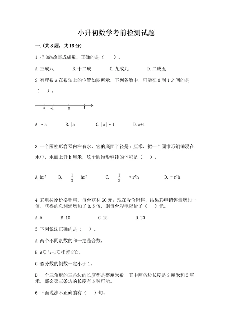 小升初数学考前检测试题精选题