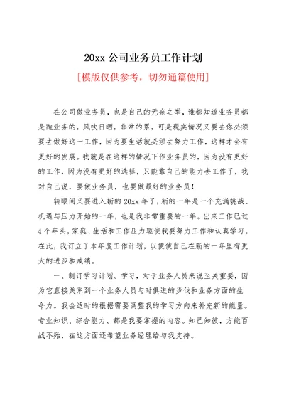 20xx公司业务员工作计划