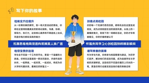 黄蓝色插画风大学生学生会招新宣讲PPT模板