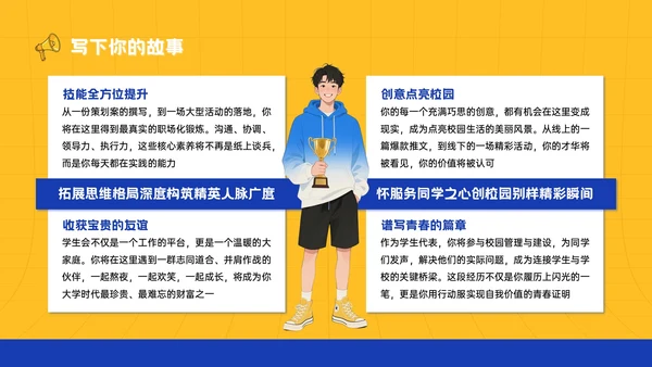 黄蓝色插画风大学生学生会招新宣讲PPT模板