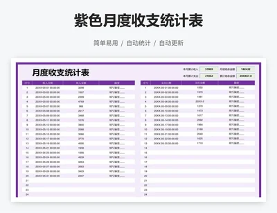 紫色月度收支统计表