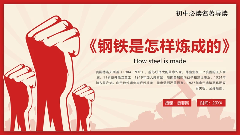 红色剪纸风初中名著钢铁是怎样炼成的带内容PPT模板