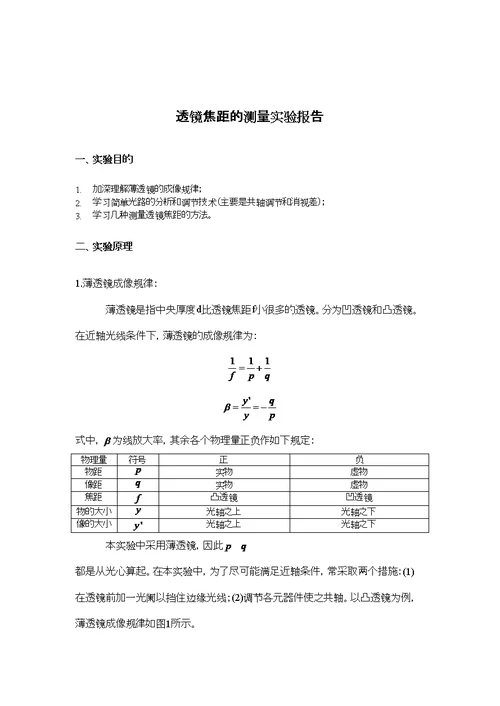 清华大学物理实验A1透镜焦距的测量实验报告