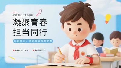 蓝色3D卡通风学生班级团委竞选PPT模板