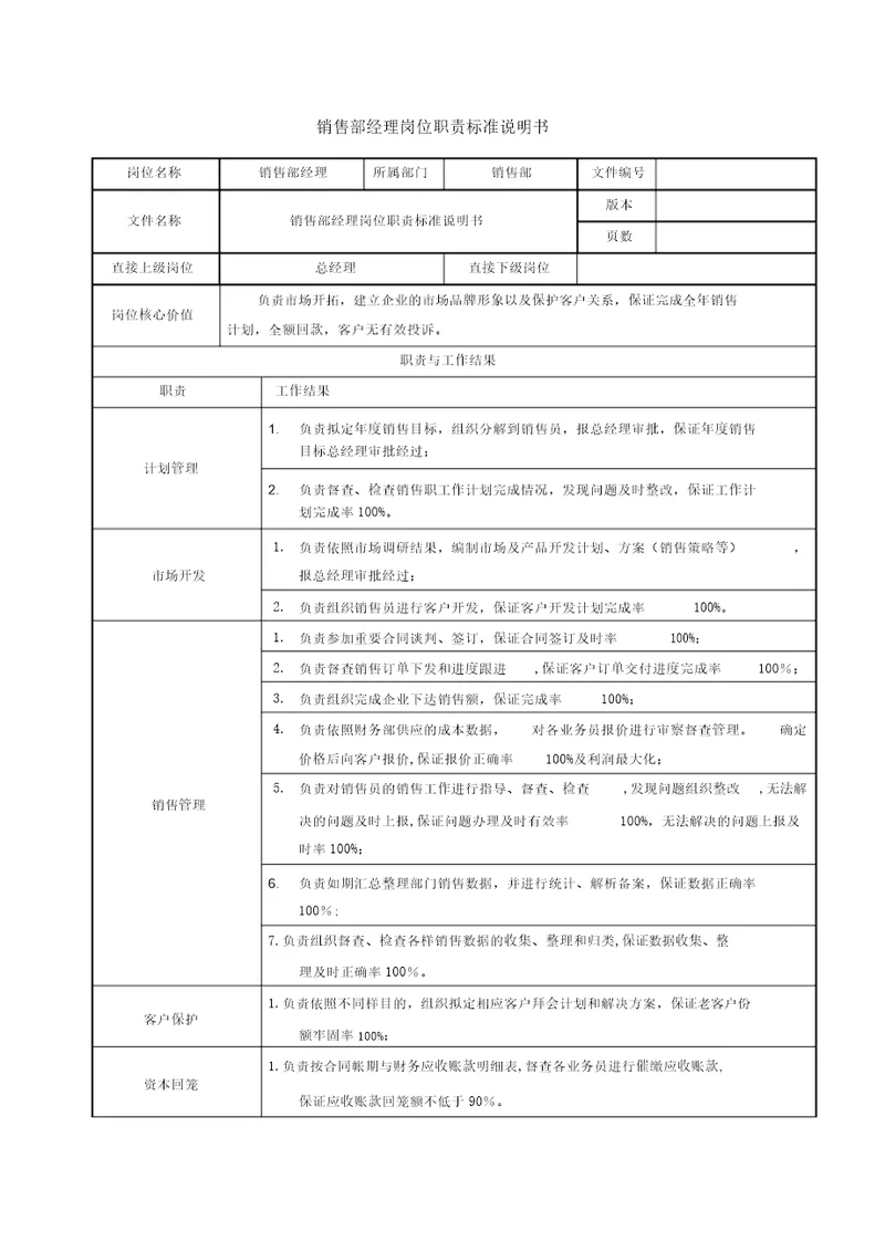 销售部经理岗位职责说明书