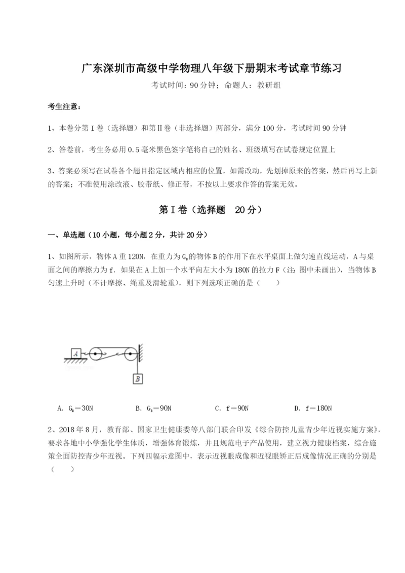 强化训练广东深圳市高级中学物理八年级下册期末考试章节练习试卷（含答案详解版）.docx