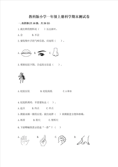 教科版小学一年级上册科学期末测试卷附答案（培优b卷）