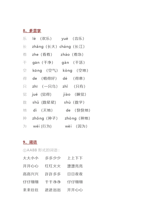 小学一年级语文全部知识点汇总