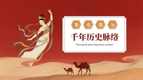 复古红黄色中国风关于敦煌博物馆文化介绍PPT模板