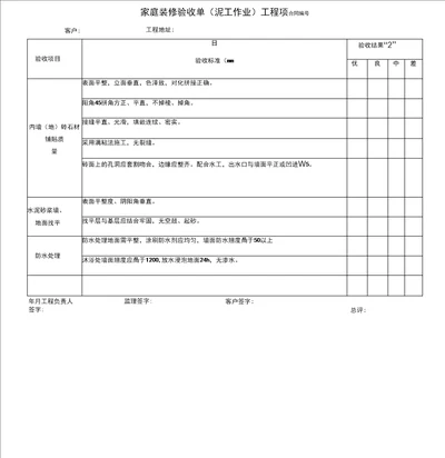 家庭装修验收单