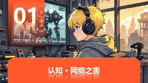 橙黄色像素插画风格网瘾主题班会课件PPT模板