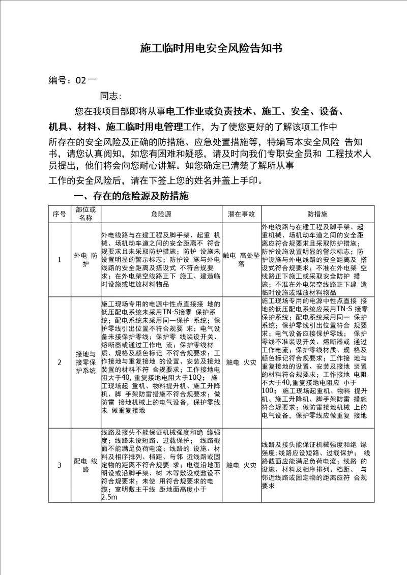 施工临时用电安全风险告知书