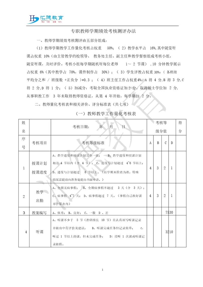 专职教师学期绩效考核测评办法