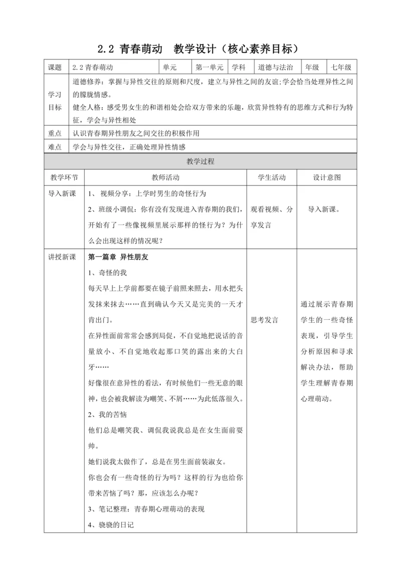 【核心素养目标】2.2 青春萌动 教案（表格式）