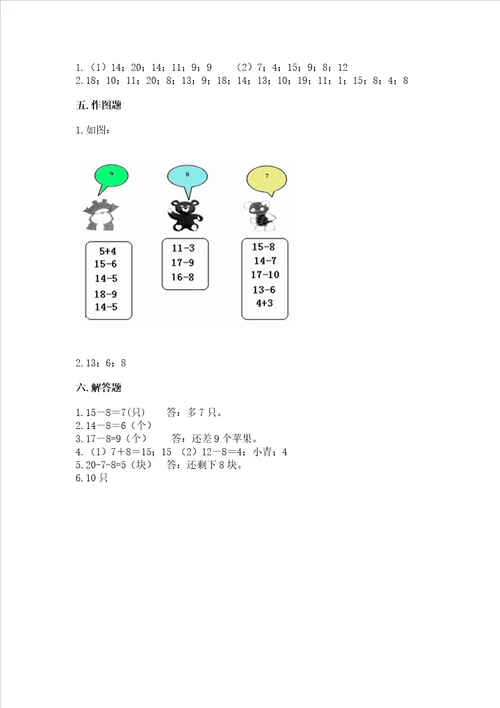 冀教版一年级上册数学第九单元20以内的减法测试卷历年真题