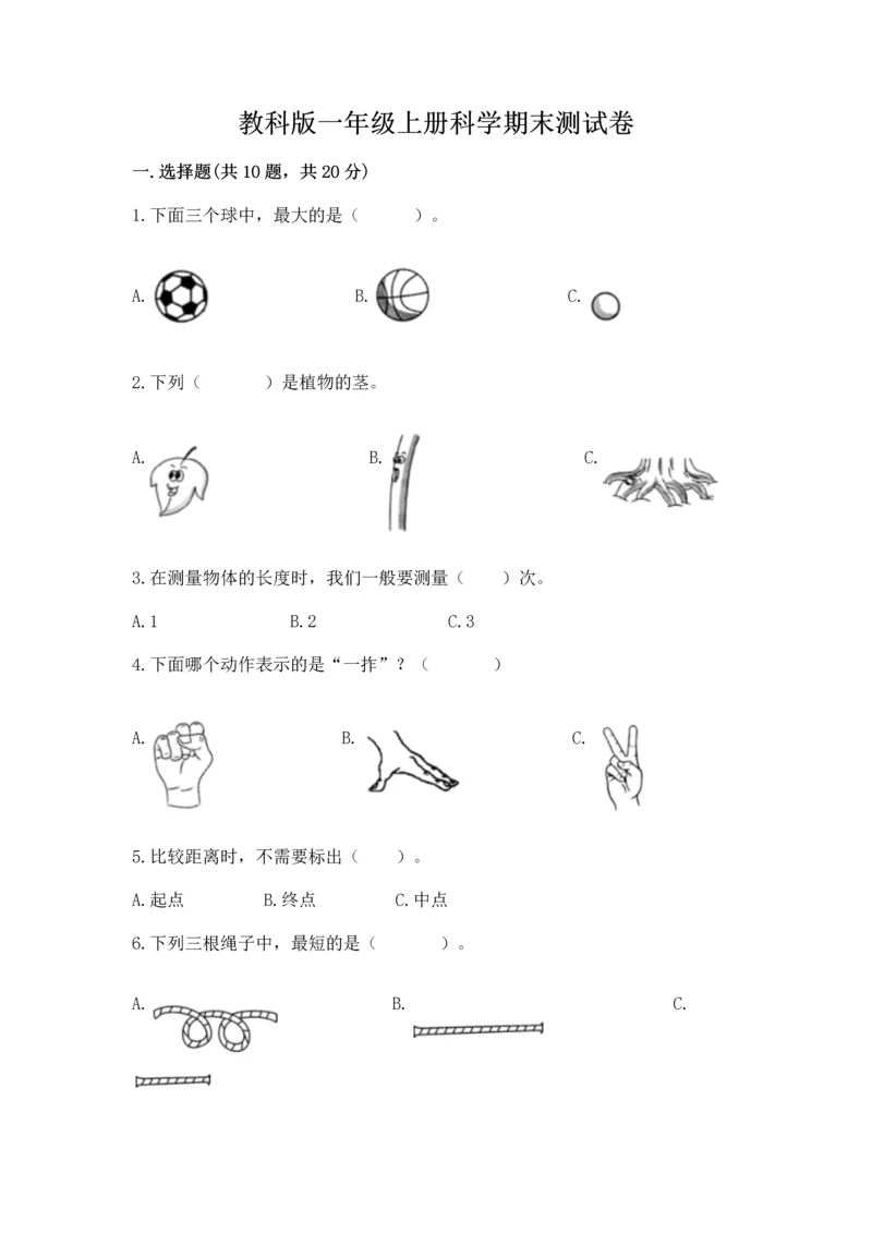 教科版一年级上册科学期末测试卷及答案（精品）.docx