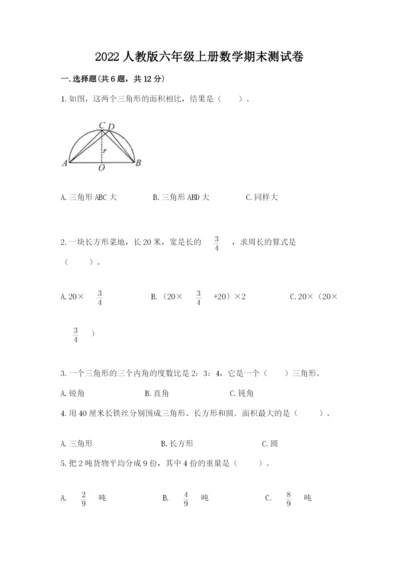 2022人教版六年级上册数学期末测试卷【有一套】.docx