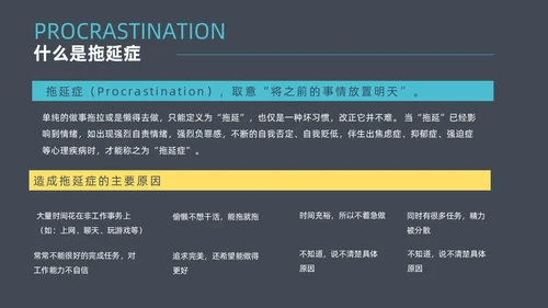 灰色简约扁平卡通战胜拖延症动态PPT