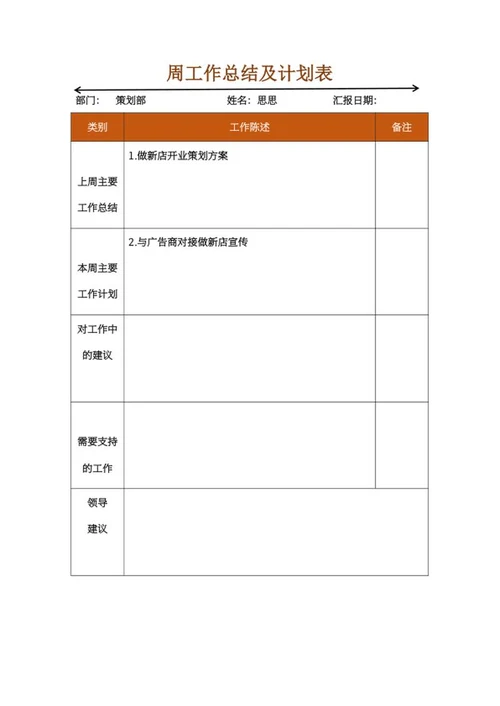 周工作总结及计划表word模板
