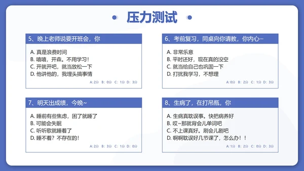 蓝色卡通正视压力学会减压高三班会带内容PPT模板