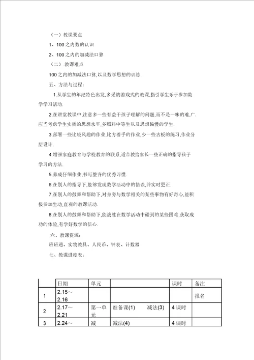 2020最新苏教版一年级数学下册教学计划精